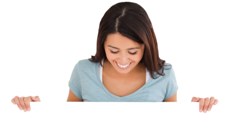 Good looking woman holding a  board