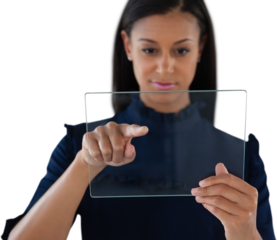 Close up of female executive using glass interface