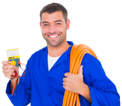 Smiling electrician with rolled wire and multimeter