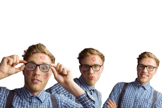 Multiple portrait image of cheerful man with lipstick marks on face - Powered by Adobe