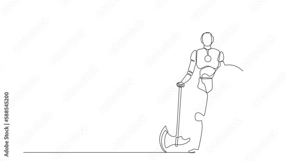Poster animated self drawing of continuous one line draw robots stands holding big axe and shield. humanoid