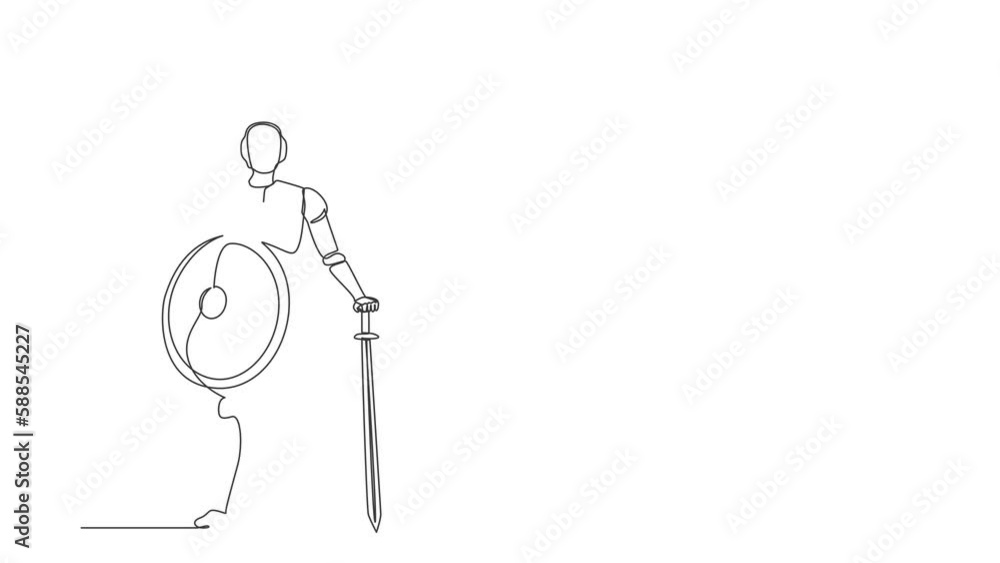 Poster animated self drawing of continuous one line draw robots stands holding big sword and shield. humano