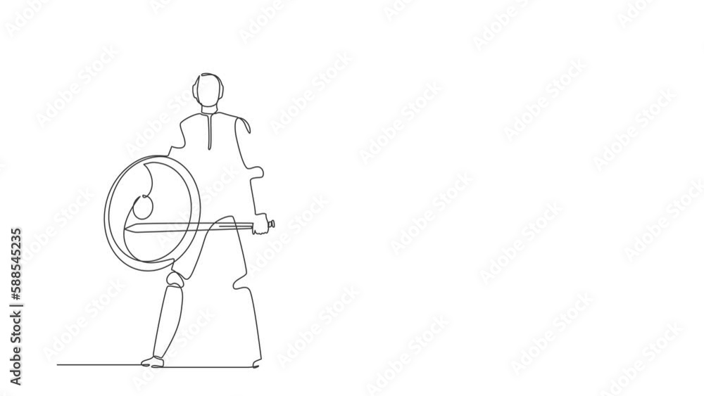 Poster self drawing animation of single line draw robot standing holding sword and shield. future technolog