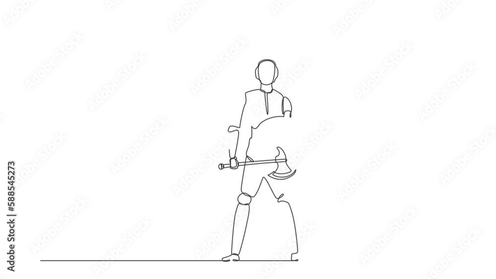 Poster animated self drawing of continuous line draw robots standing holding axe and shield. modern robotic
