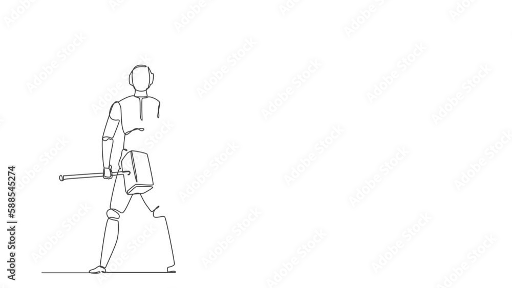 Poster self drawing animation of single line draw robot standing holding hammer shield. future technology d