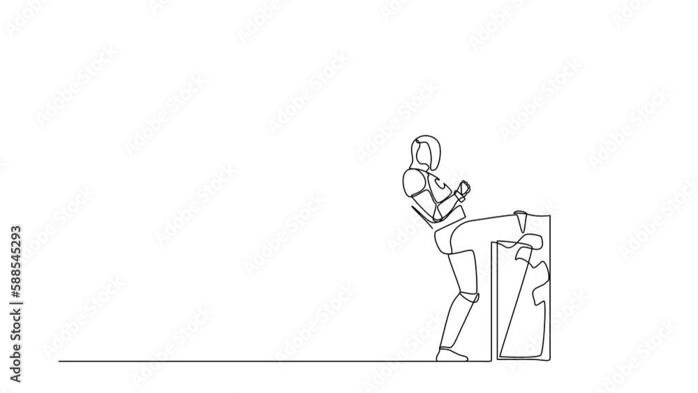 Poster self drawing animation of single line draw robot kicking locked door and destroy. future technology 