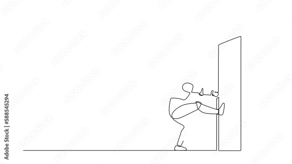 Poster animated self drawing of continuous line draw robots standing kicks closed door with his leg. humano