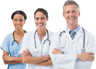 Male doctor with female staffs standing arms crossed