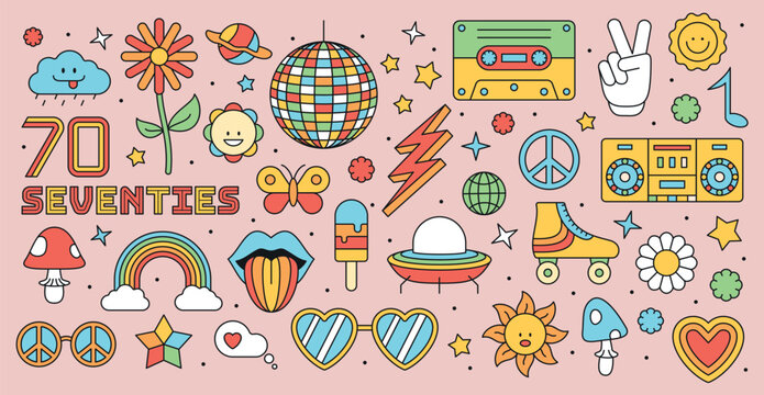 Set of 70s stickers. Collection of labels in retro style. Flower, rainbow, mushroom and ice cream. Lightning and disco ball, UFO. Cartoon flat vector illustrations isolated on pink background
