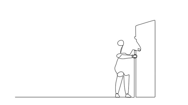 Animated self drawing of continuous line draw robot eavesdropping and listening to conversation at door. Robotic artificial intelligence. Electronic technology industry. Full length one line animation