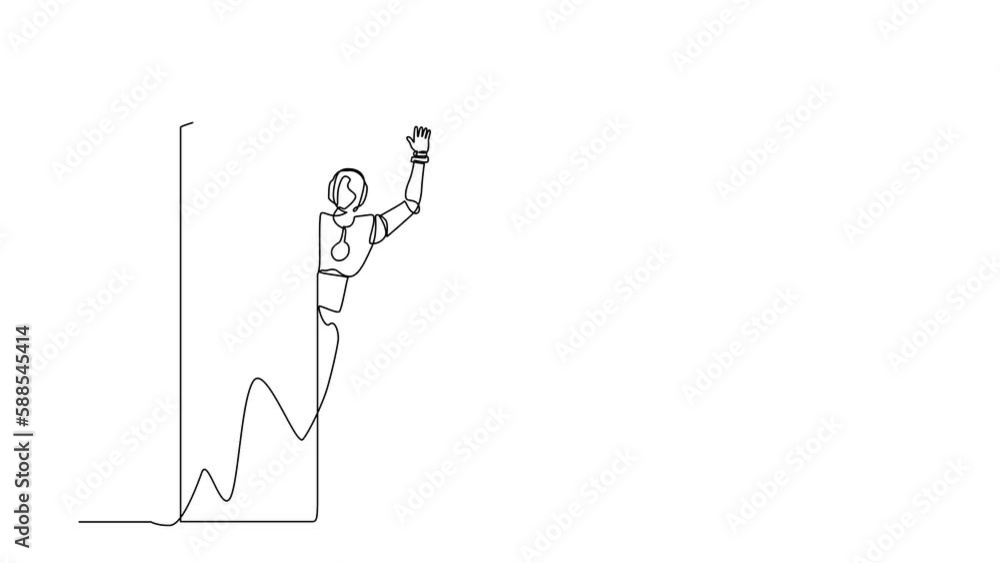 Poster animated self drawing of continuous line draw robots peeking of door and wave hands. modern robotics