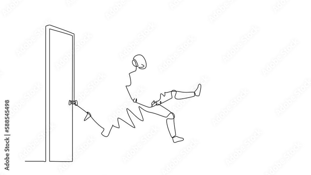 Poster animated self drawing of continuous one line draw robots get kicked out of door. dismissed from job.