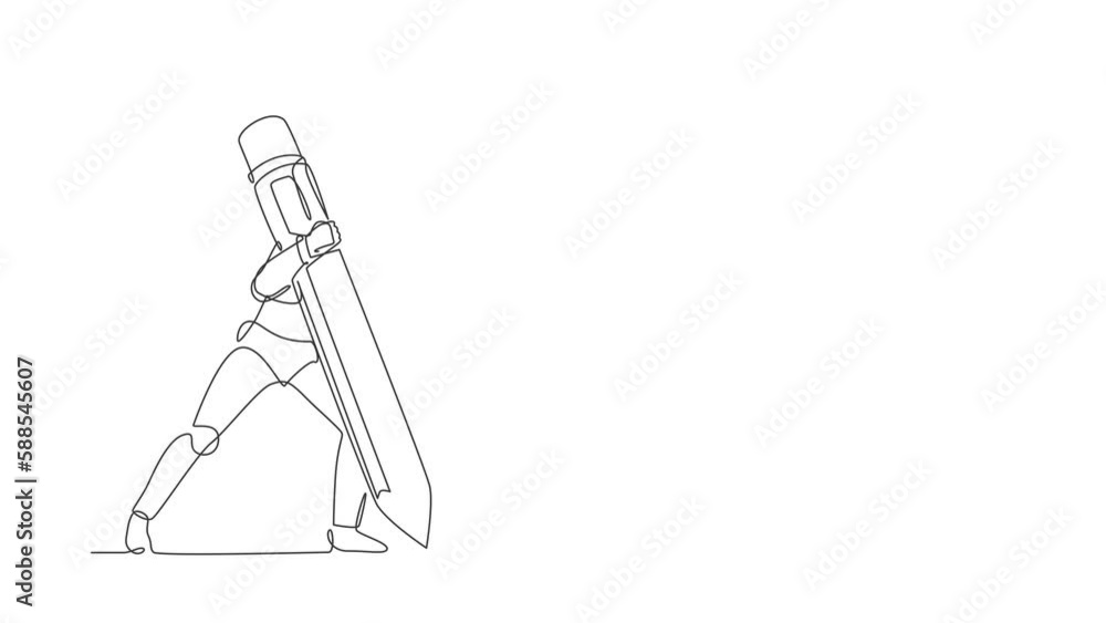 Poster animated self drawing of continuous line draw robot making circle of holes with large pencil. humano