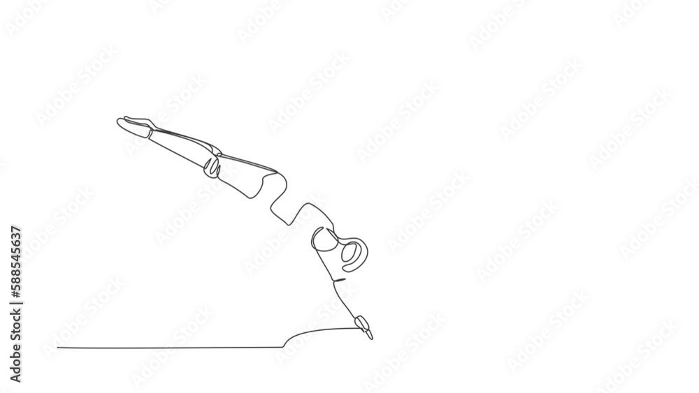 Poster self drawing animation of single one line draw robot jump into hole. future technology development. 