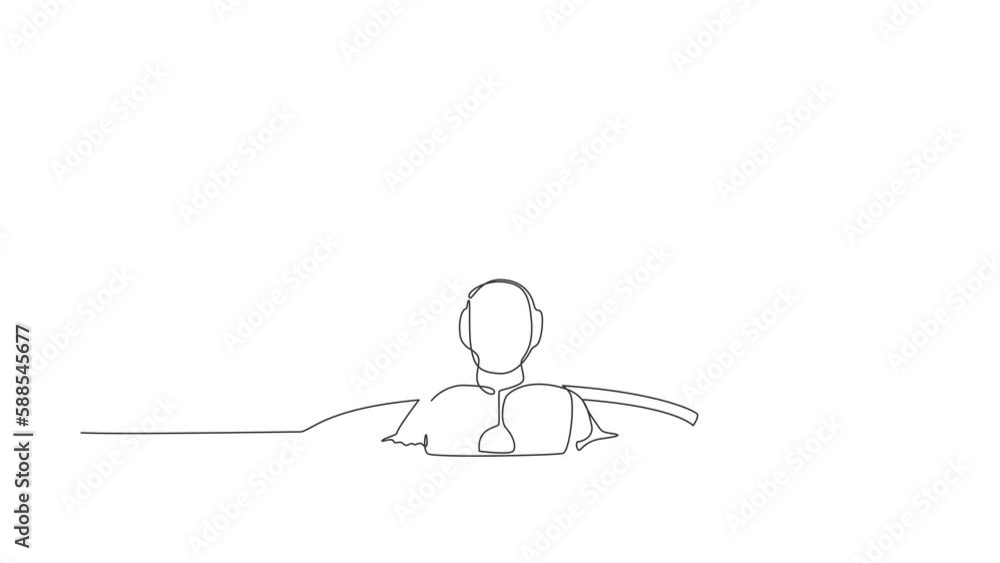 Poster animated self drawing of continuous one line draw robot flying with briefcase coming out of holes. h