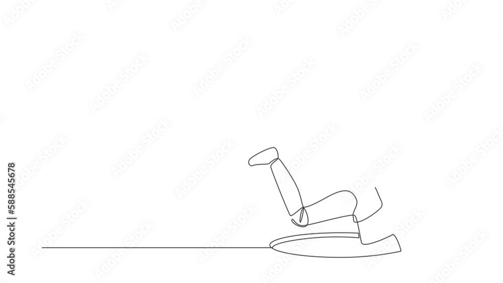 Poster self drawing animation of single one line draw robot falling into pit hole. protruding legs from hat