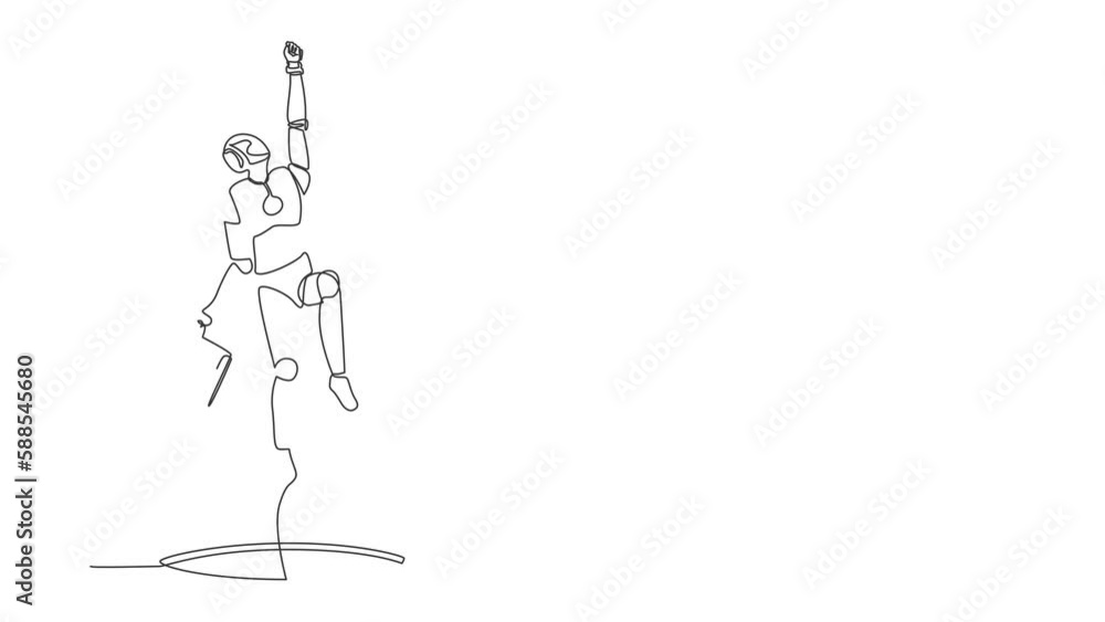 Poster animated self drawing of continuous one line draw robot flying with briefcase coming out of holes. h