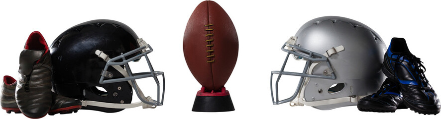 Fototapeta premium American football on tee by sports shoes and helmets