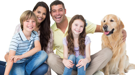 Family with golden retriever against white background