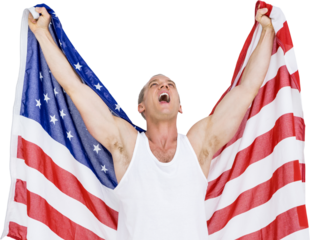 Athlete posing with american flag after victory