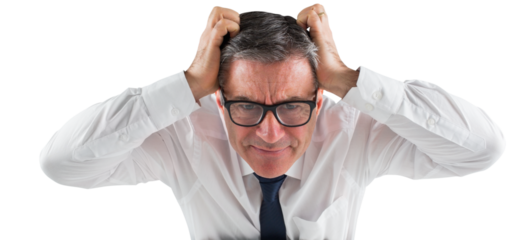 Stressed businessman touching his head