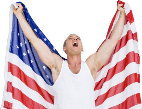 Athlete posing with american flag after victory - Powered by Adobe