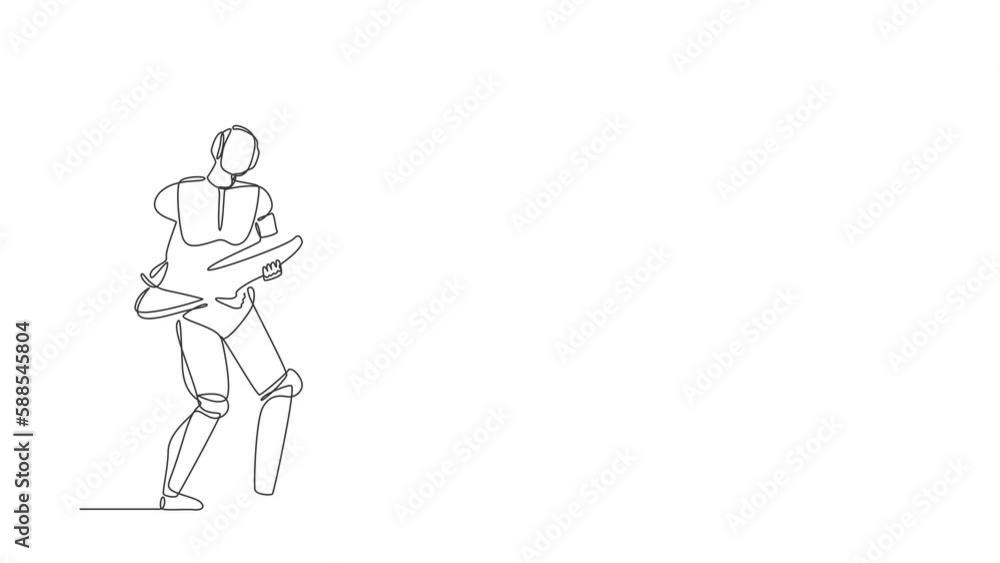 Poster self drawing animation of single line draw robot holding iron hole cover. future technology developm