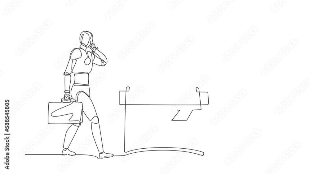 Poster animated self drawing of single continuous line draw robot talking on cell phone, he does not see ho