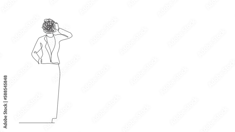 Poster animated self drawing of continuous one line draw businesswoman with round scribbles instead of head