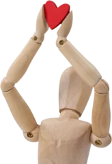 Fotobehang 3d Wooden figurine holding red heart with arms raised © vectorfusionart