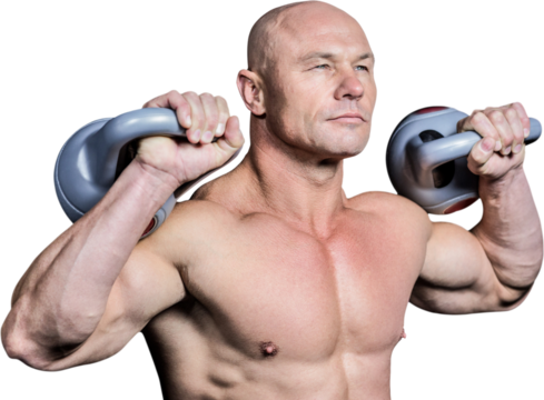 Muscular fit man holding dumbbells