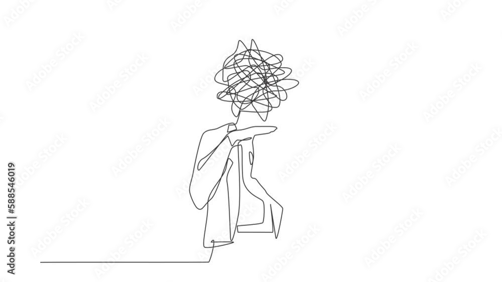 Poster animated self drawing of continuous line draw businesswoman with round scribbles instead of head. st