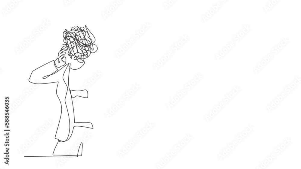 Aufkleber animated self drawing of continuous one line draw businesswoman with round scribbles instead of head