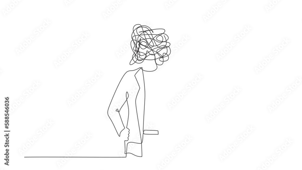 Poster self drawing animation of single one line draw businesswoman with round scribbles instead of head. f