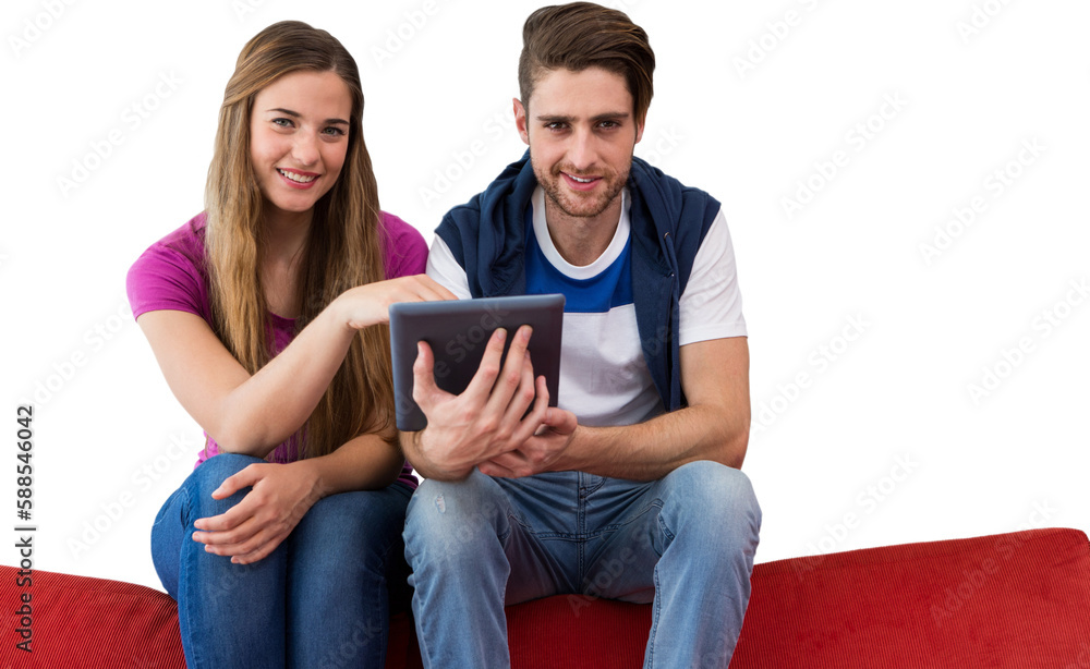 Poster portrait of confident university students using tablet computer