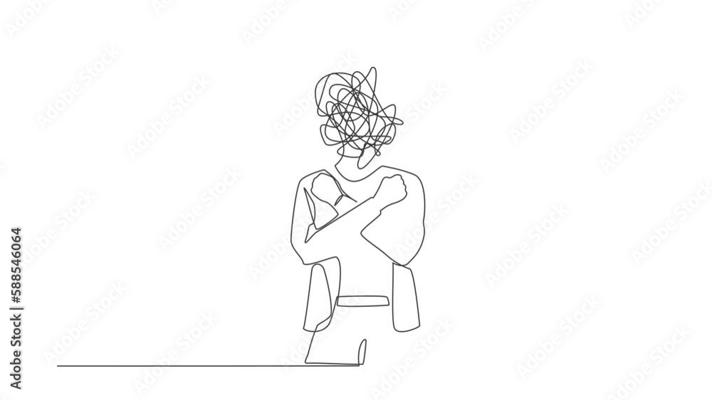 Poster animated self drawing of continuous line draw businesswoman with round scribbles instead of head. fe