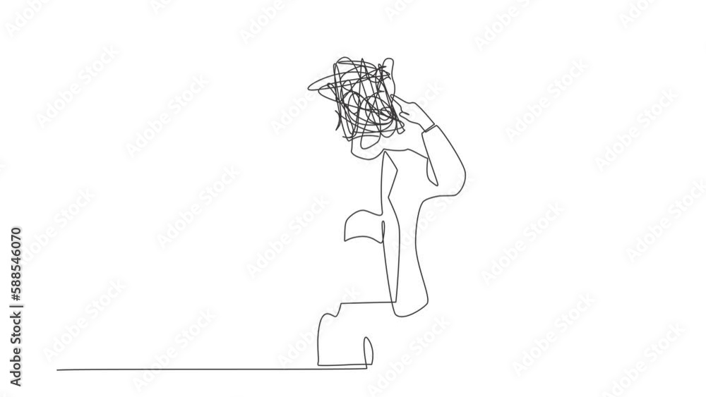 Aufkleber animated self drawing of continuous line draw businesswoman with round scribbles instead of head. of