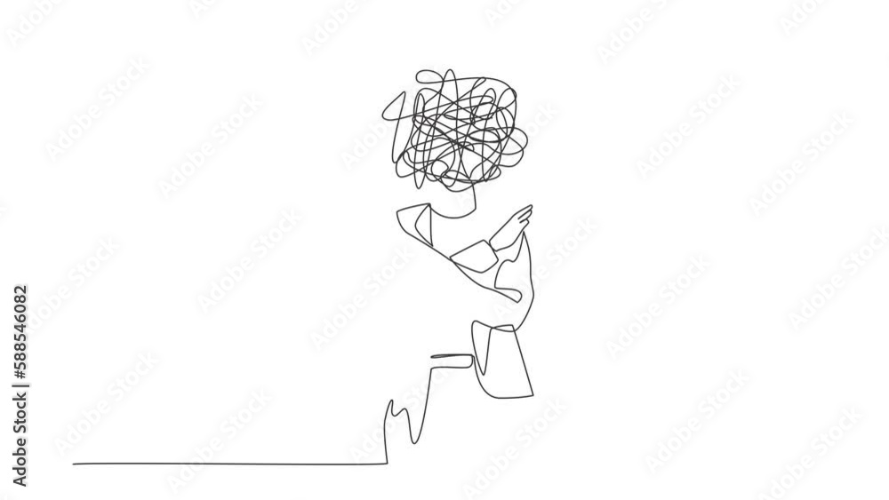 Aufkleber animated self drawing of continuous line draw businesswoman with round scribbles instead of head. of
