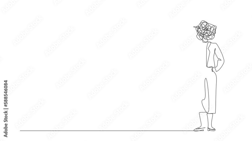 Poster self drawing animation of single one line draw businesswoman with round scribbles instead of head. m