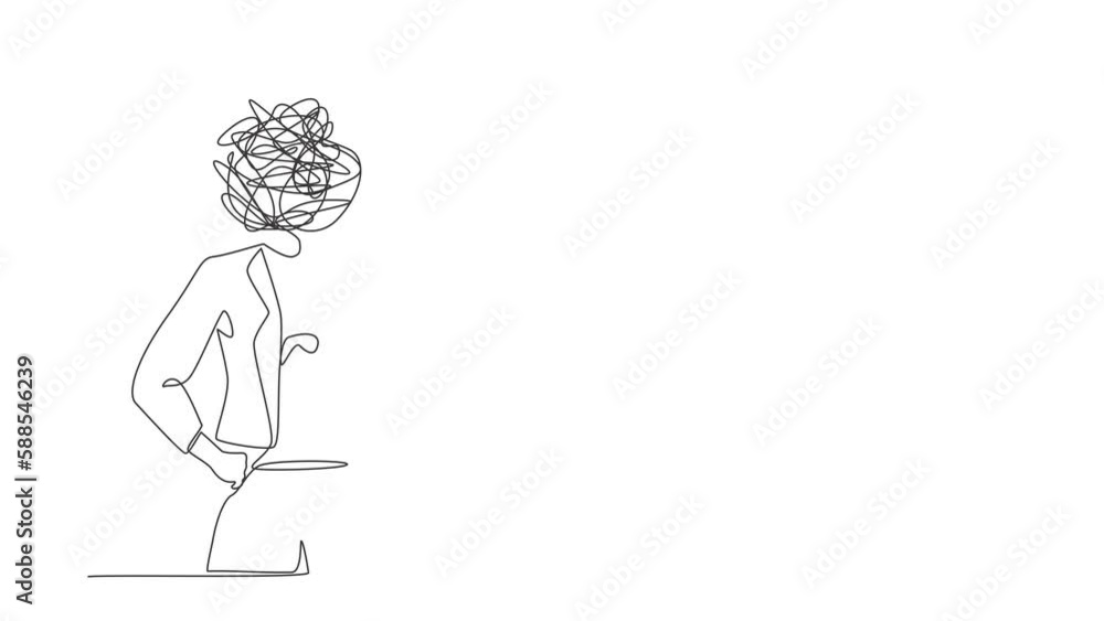 Poster self drawing animation of single line draw businesswoman with round scribbles instead of head. confu