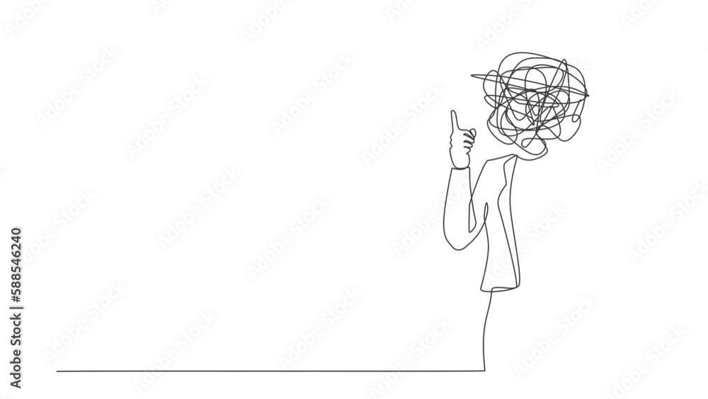Poster self drawing animation of single line draw businesswoman with round scribbles instead of head. manag