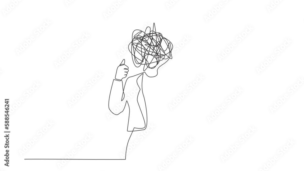 Poster animated self drawing of continuous one line draw businesswoman with round scribbles instead of head