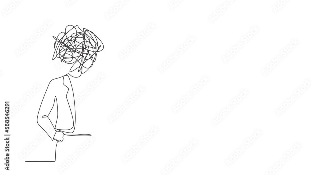 Poster animated self drawing of continuous line draw businesswoman with round scribbles instead of a head. 