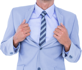 Midsection of businessman opening shirt like superhero