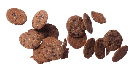 Cookie Chocolate ship round fall fly in mid air, Cocoa Cookie Chocolate ship floating. Cookie Chocolate ship complete round throw in air. White background isolated freeze motion high speed shutter
