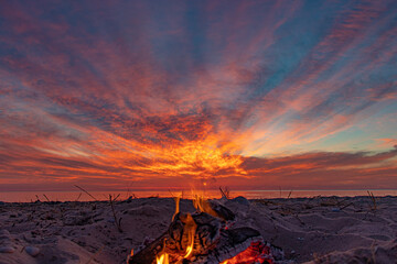 Summer beach bonfire on the shores of Lake Michigan
