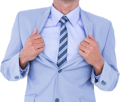 Midsection of businessman opening shirt like superhero