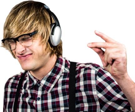 Cheerful blond hipster listening to music - Powered by Adobe