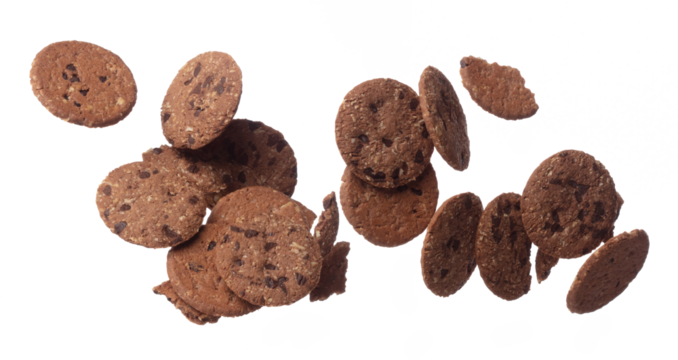 Cookie Chocolate ship round fall fly in mid air, Cocoa Cookie Chocolate ship floating. Cookie Chocolate ship complete round throw in air. White background isolated freeze motion high speed shutter