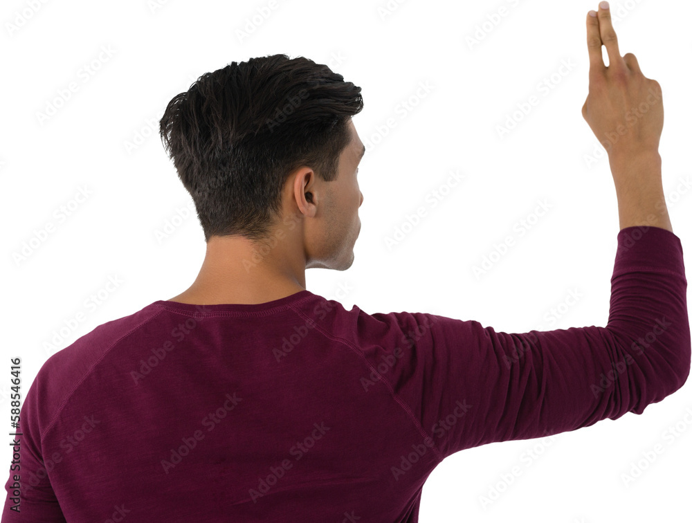 Poster rear view of businessman using invisible interface screen